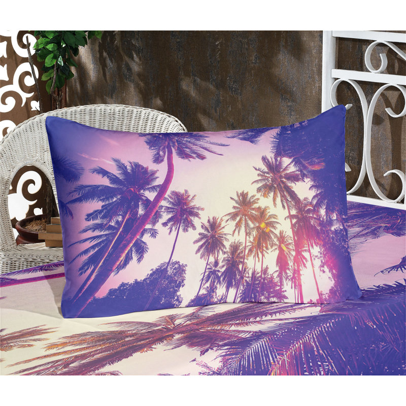 Ambesonne Palm Tree Fitted Sheet & Pillow Sham , Multicolor, Calking Fitted Sheet Set + 4 Pillow Cases