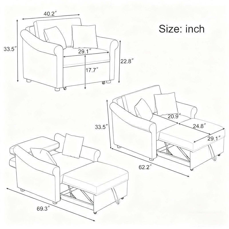 Chenille Convertible Sleeper Chair With Adjustable Backrest 3 IN 1 Design, Beige