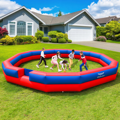 Fosse à balles GaGa 2 couches avec souffleur interne Wellcomer 22FT, terrain portatif léger pour les jeux dans la cour, les écoles et les loisirs en famille - rouge et bleu