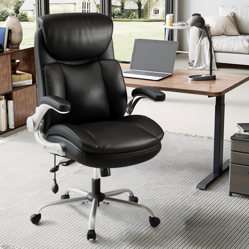 Upholstered Executive Office Chair, Adjustable High Back Heavy Duty Computer Chair with Flip Up Armrest, Faux Leather Desk Chair with Lumbar Support