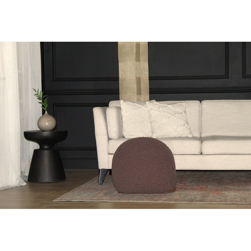 Semi-round Cotton Pouf Ottoman, Cable Knitted, Brown, 21 X 21 X 18 Inches