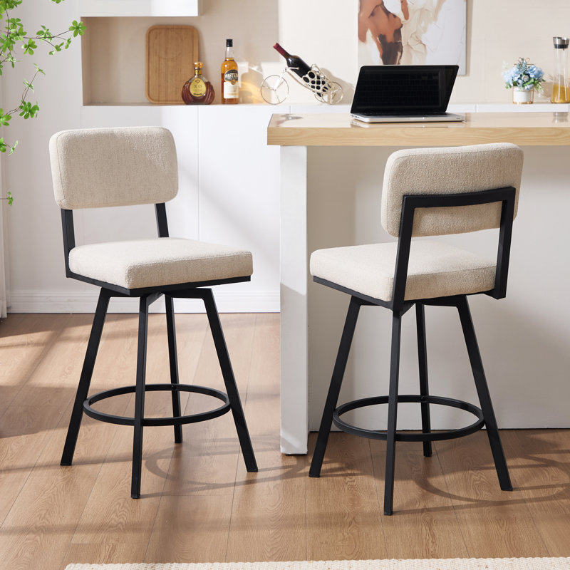 Bronson 26.6" Industrial Swivel Counter Stool with Rectangular Back and Metal Frame, Beige