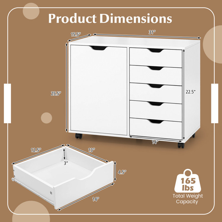 5-Drawer Rolling Storage Cart with Side Cabinet