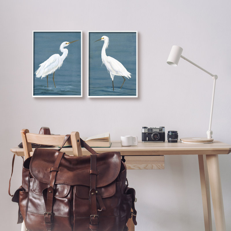 Aigrettes blanches sur le rivage 2 pièces, H 14 po x l 22 po x P 1,5 po, Estampe numérique encadrée blanc bord de mer