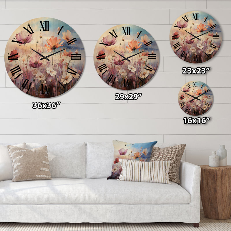Horloge murale en bois surdimensionnée Wildflowers, Très grand