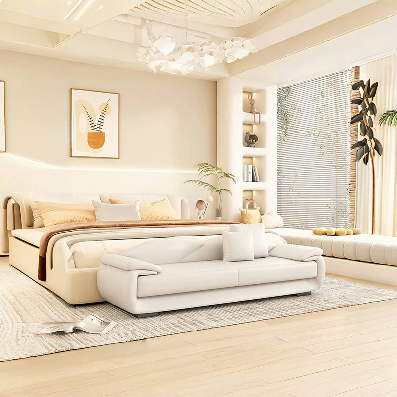 Banc rembourré en similicuir de haute qualité, Blanc cassé