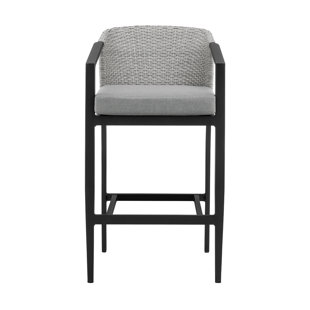 Abalone Outdoor Patio Barstool in Aluminum and Wicker with Grey Cushions