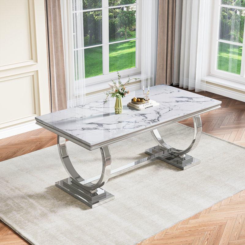 Rectangular 70.1"L X 35"W Dining Set, Blanc / argenté, Blanc / argenté, 7 pièces : table, 6 chaises