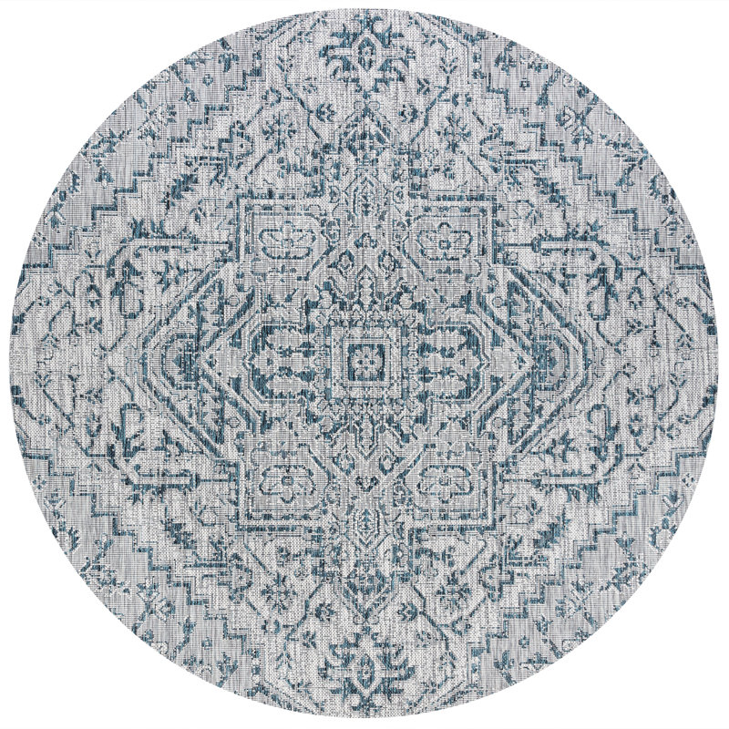 Truman Bohemian Medallion Textured Weave Teal/Gray Indoor/Outdoor Rug, Round 6'7"