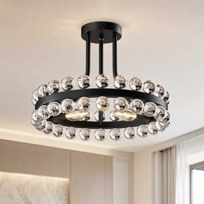Jackeline 16'' - 3 Lights Matte Black Crystal Ball Modern Chandelier Style Circle Semi Flush Mount Lighting Fixture For Living Room/Bedroom