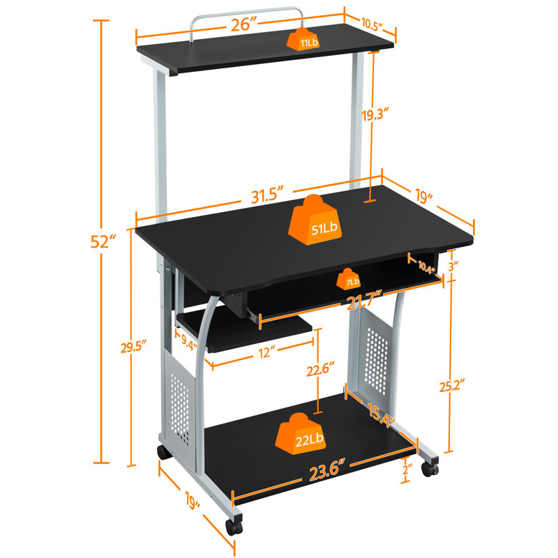 Bureau d'ordinateur 3 niveaux pour école de bureau à domicile, Noir, noir, noir, noir