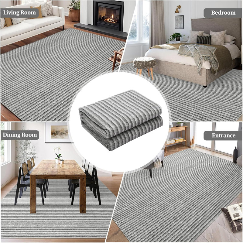 Tapis 5 pi x 7 pi neutre Boho, tapis rayé doux et ultra-fin antidérapant lavable pour le salon, la chambre à coucher, la chambre de bébé, la salle à manger, beige