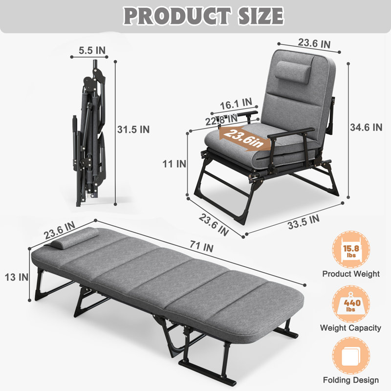 3 in 1 Folding Bed with Mattress, Portable with 6 Adjustable Positions, Foldable Hideaway Cot, Gray