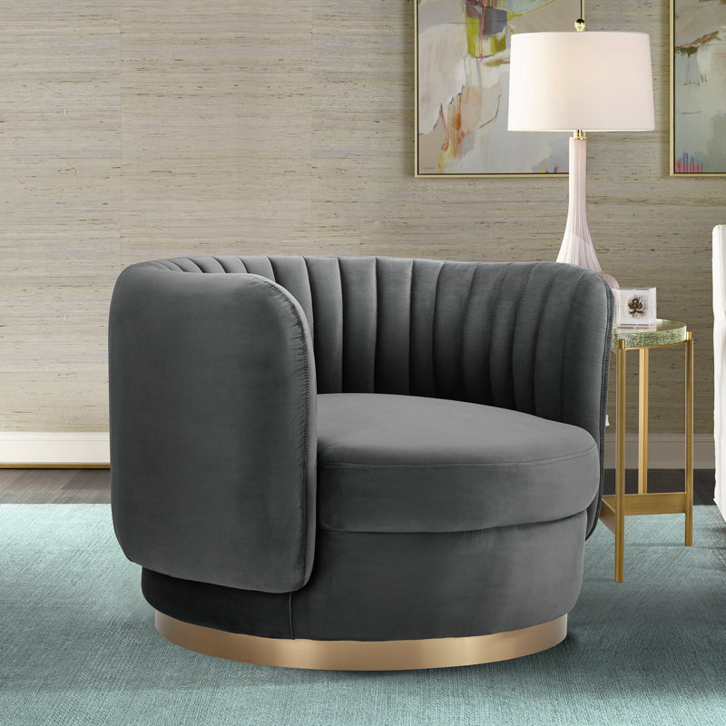 Fauteuil demi-tonneau pivotant en velours Catalin, Velours gris