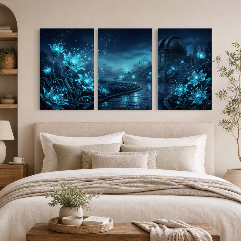 Ensemble de 3 toiles murales représentant des fleurs mécaniques bleues lumineuses à l'observatoire, 30"H x 20"W x 3pcs