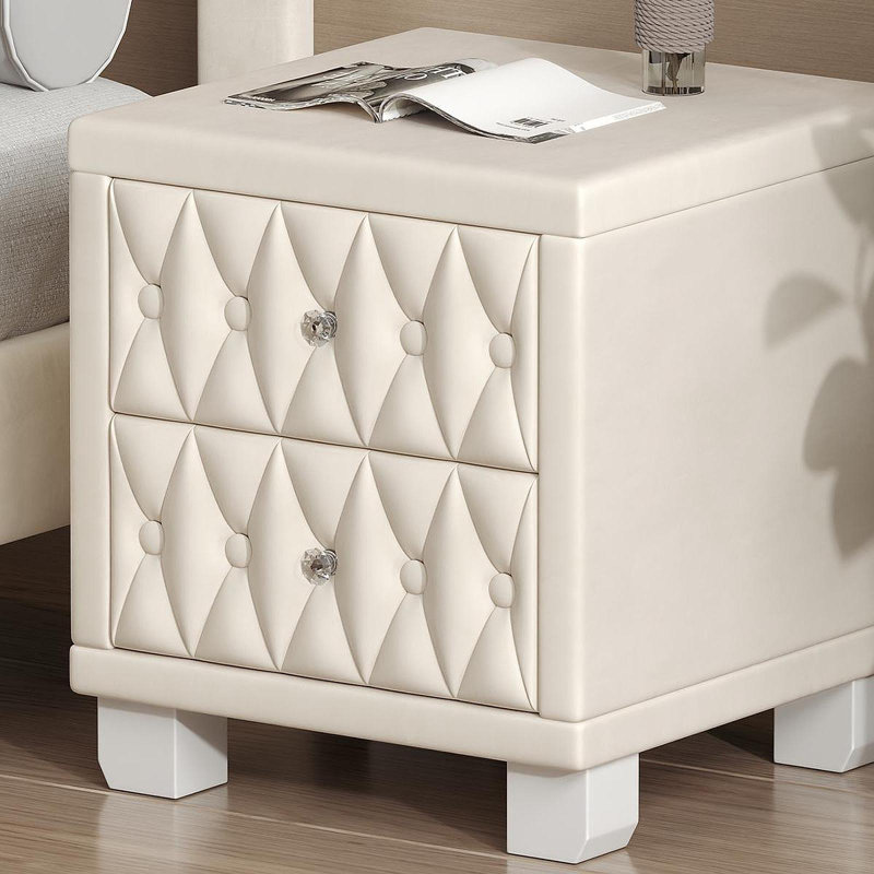 Élégante table de chevet en velours avec 2 tiroirs et poignée en cristal, table de chevet avec capitonnage à boutons, beige