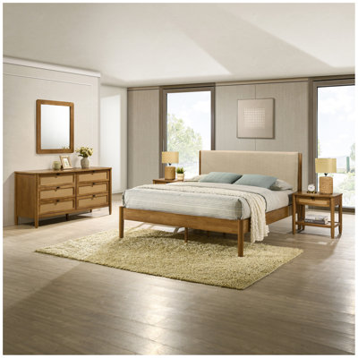 Vichy 5-Piece Rubberwood Bedroom Set with Textured Polyester Upholstered Queen Bed, Dresser, Mirror, and 2 Nightstands