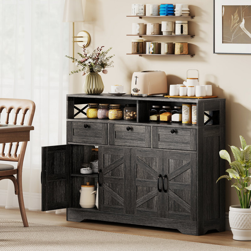 Buffet, buffet avec 4 portes de grange et 3 tiroirs brun foncé, Marron foncé