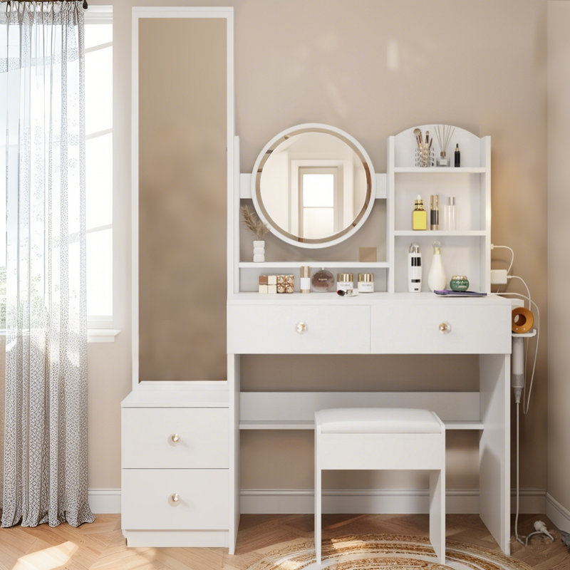 Ensemble de coiffeuse moderne avec 2 blocs d'alimentation AC + 2 USB, miroir et tabouret