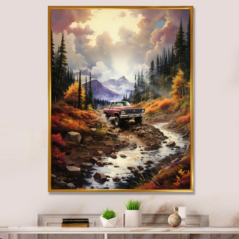 Artane brun, camionnette Mountain Majesty III - impression, H 32 po x l 16 po x P 1 po, Cadre flottant doré