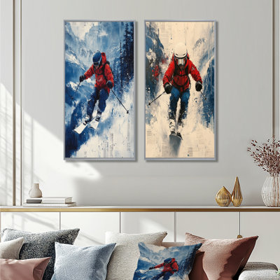 Red Ski Big Air Accented With Blue I - Skiing Wall Art 2 Pieces Set