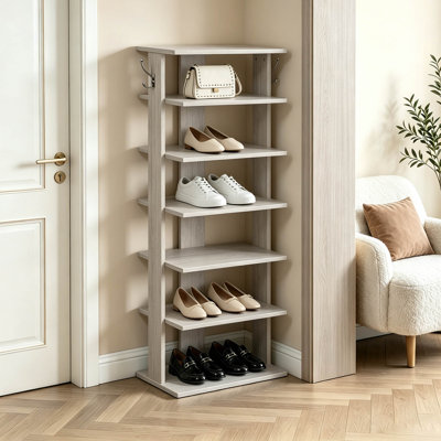 Étagère à chaussures verticale à 7 niveaux avec crochets, tour de rangement pour chaussures peu encombrante pour vestibule - peut contenir 12 à 14 paires, assemblage facile, range-chaussures étroit pour placard, couloir, vestibule