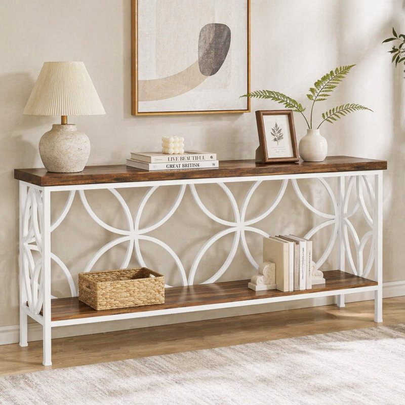 Élégante table basse, canapé de style nordique, console 2 niveaux, Rustique, blanc, Rustique, blanc, Rustic,White