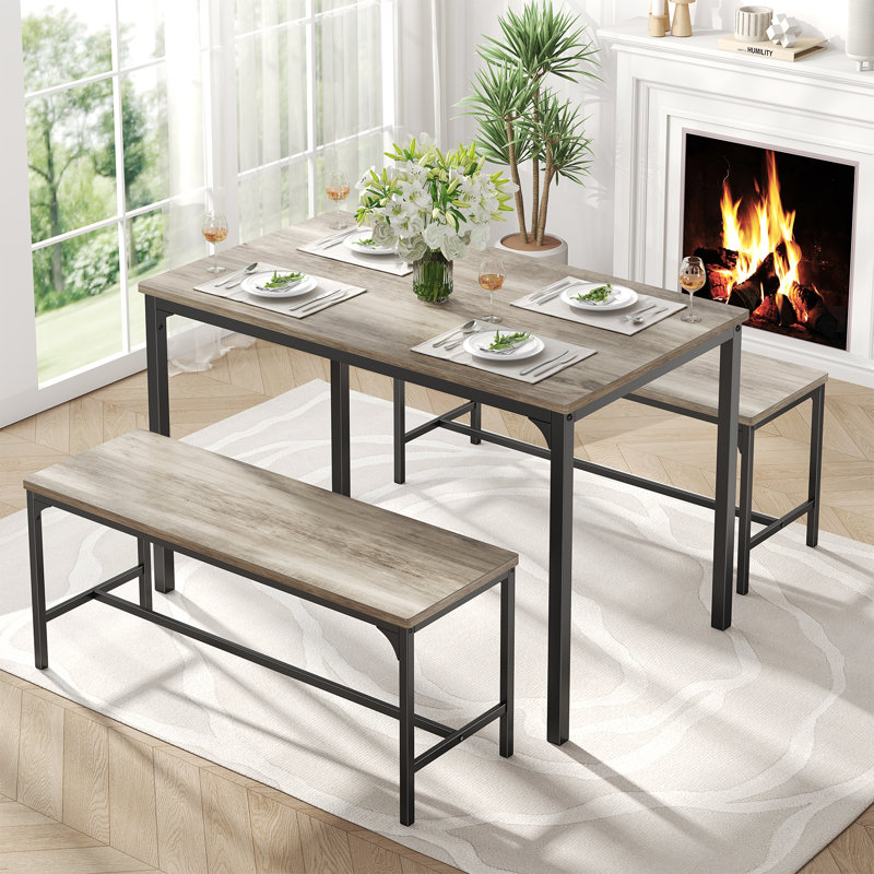 Ensemble de table de salle à manger 43,3 po pour 4 personnes, ensemble de table de cuisine avec 2 bancs, ensemble de table de salle à manger avec structure en métal