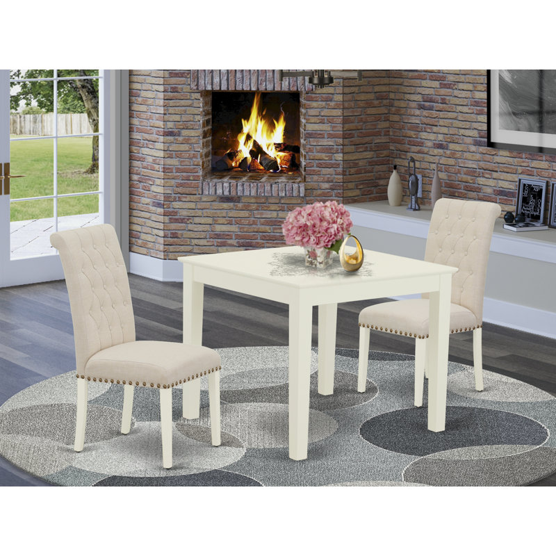 3 Piece Dining Room Furniture Set Contains a Square Dining Table and 2 Light Beige Linen Fabric Parsons Chairs, Linen White