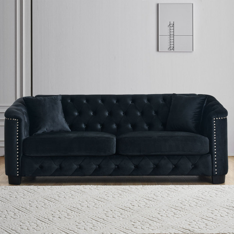 Hafid 76.89'' Velvet Sofa, Black Velvet, 30" H x 77" W x 31.5" D
