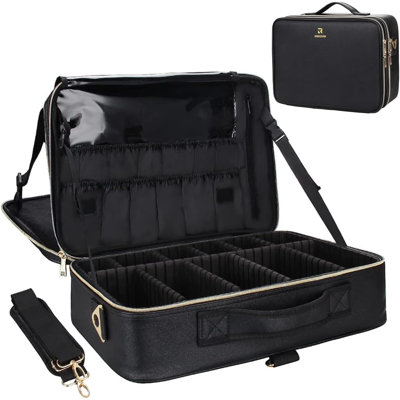 Makeup Case Large Makeup Bag Professional Train Case 16.5 Inches Travel Cosmetic Organizer Brush Holder Waterproof Makeup Artist Storage Box, 3 Layer Large Capacity, With Adjustable Strap