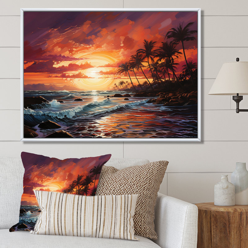 Palmiers sur un coucher de soleil coloré III - impression, Cadre flottant blanc, H 12 po x l 20 po x P 1 po