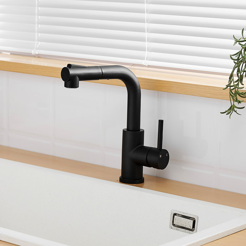 Modern Black Prep Sink Faucet With Pull Out Spray - Ceramic Filler, 360 Swivel For Kitchen And Bathroom Swivel, Stainless Steel, Classic Sinks