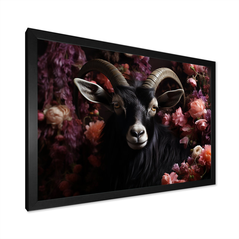 Portrait de chèvre noir et rose - art mural animal de chèvre, Cadre d'angle fermé noir, H 12 po x l 20 po x P 1 po