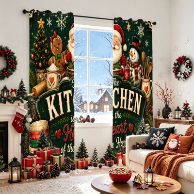 2 pièces rideaux occultants de Noël en forme de père Noël bonhomme de neige bonhomme de pain d'épice, rideaux de fenêtre festifs sur le thème des fêtes d'hiver, décoration intérieure décorative pour salon, chambre à coucher, cuisine, salle à manger