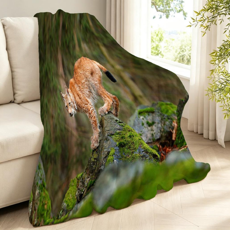 Jeté en flanelle verte molletonnée, imprimé chat sauvage, Throw 40" x 50"