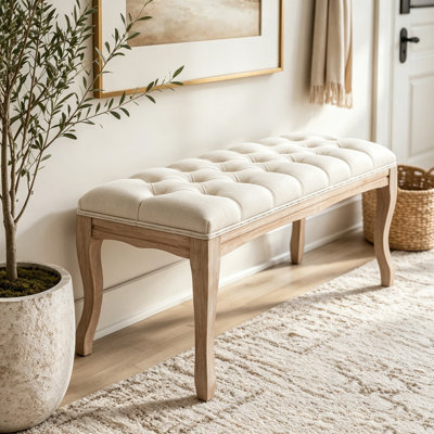 Banc de chambre à coucher, banc d'entrée touffeté de style français rétro, banc de bout de lit tapissier 43,3 po avec pieds en bois vieilli, siège de repose-pieds en lin