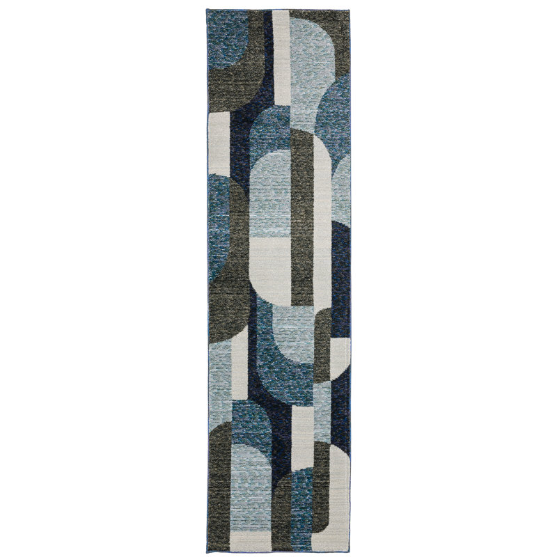 Tapis abstrait bleu / blanc / vert Sisk, Tapis de couloir 2 pi 3 po x 8 pi
