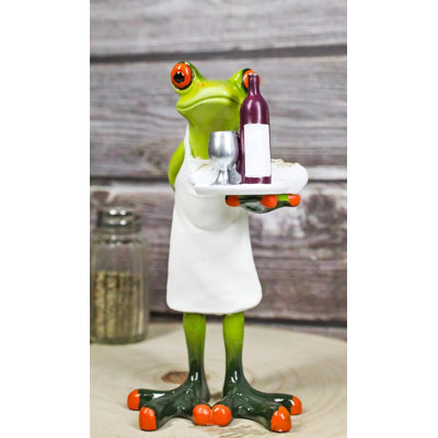 Green Toad Frog Butler Waiter With Wine Glass Bottle And Bread Tray Figurine 6"H
