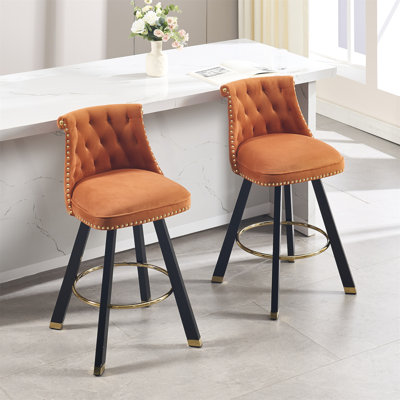 Set Of 2,Back Pull Point Design, Velvet Material, 360 Degree Rotation, Back Pull Loop Detachable Design, Rivet Decoration, Square Foot Wooden Bar Chair