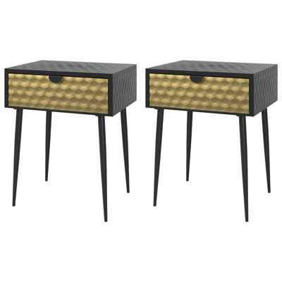 Set of 2 Jupiter Metal 1-Drawer Bedside Tables, Black with Gold-Effect Drawer