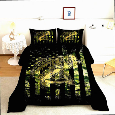 Wild Camo Flag Comforter Set - Fish Camouflage Bedding - Farmhouse Fishing Decor Quilted Set - 3Pcs Full Size - Green Black