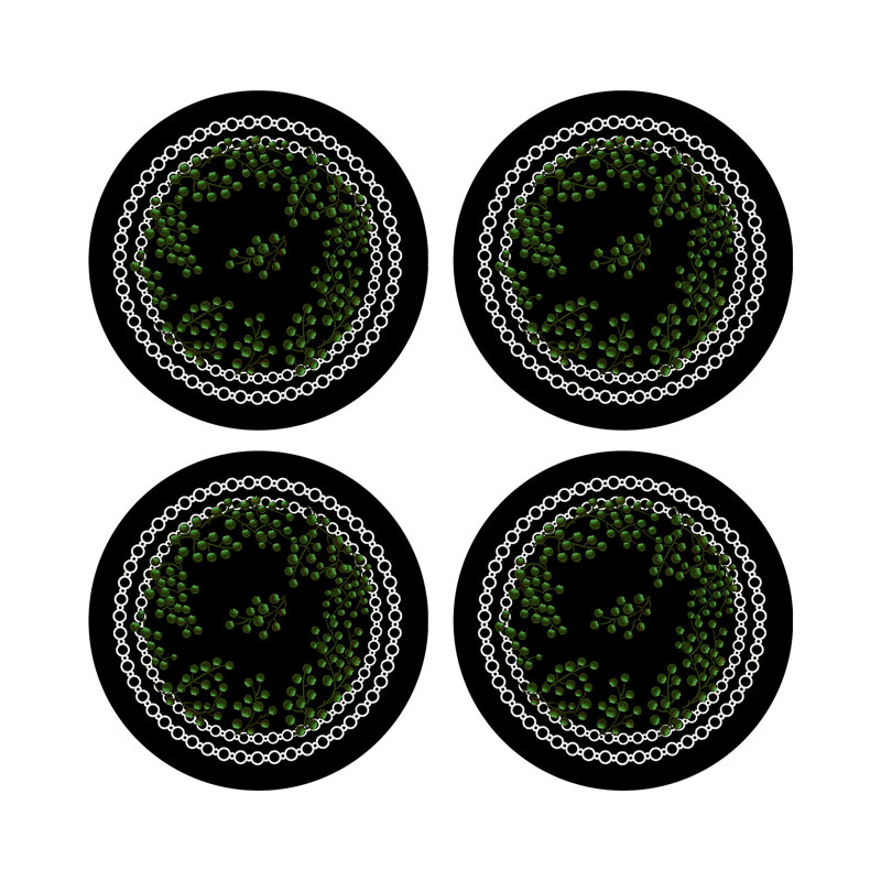 Christmas Berries Vegan Leather Round Pebble Placemat, Green Black