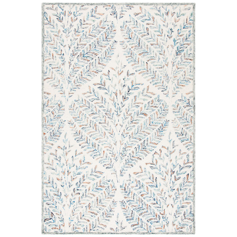 Tapis ivoire / bleu en laine touffeté à la main Ikat, Rectangle de 5 pi x 8 pi