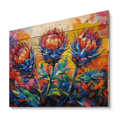 Orange And Blue Thistle Bloom II - Traditional Orange Wood Print On Natural Pine Wood