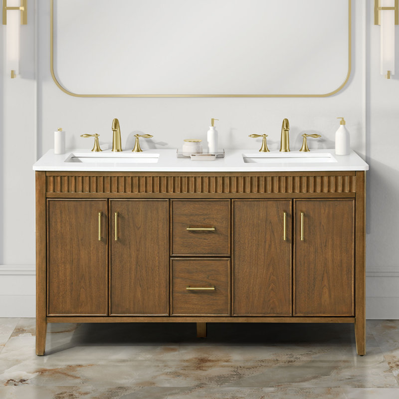 Elise Freestanding Warm Walnut Bathroom Vanity With White Quartz Top, 60", Brushed Gold