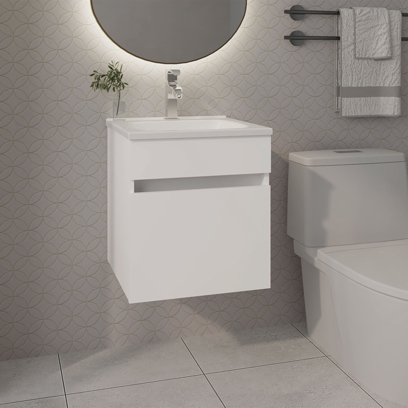 Meuble-lavabo flottant blanc avec lavabo et 1 porte
