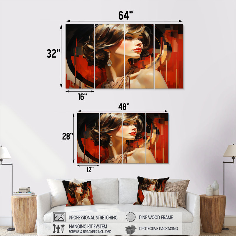 Red Allure Glam Woman Portrait I - Woman, art mural 4 pièces, H 28 po x l 48 po