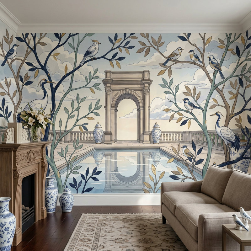 Décoration murale amovible gris Cloudy Sky, Non tissé, 120 po x 96 po