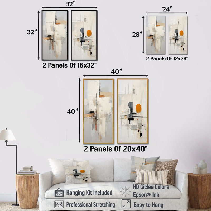 Ensemble de 2 reproductions de toiles abstraites sur fond beige et jaune, scandinaves modernes, Cadre noir, H 32 po x l 33 po